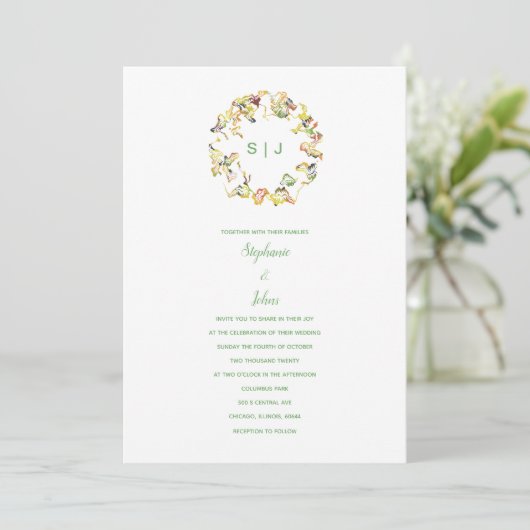 Invitation Monogramme Crest Jaune Vert Blanc Boho Mariage (Debout devant)