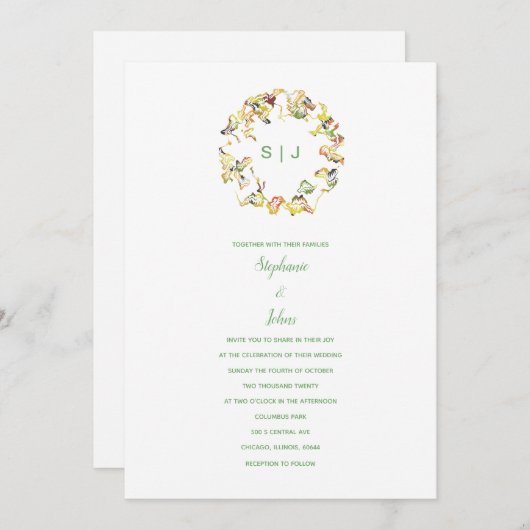 Invitation Monogramme Crest Jaune Vert Blanc Boho Mariage (Devant / Derrière)