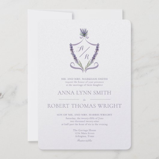 Invitation Monogramme Crest Lavender Élégant Mariage Invitati (Devant)