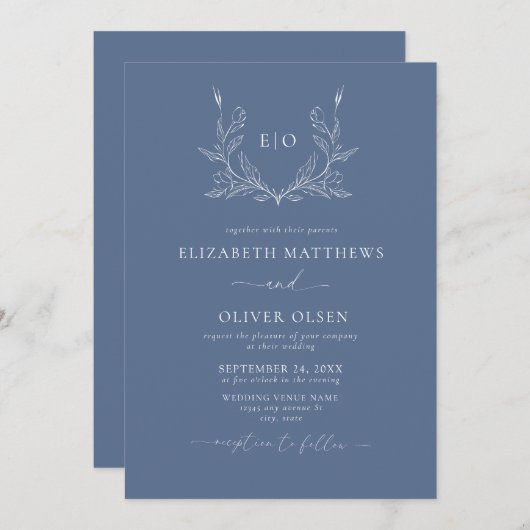 Invitation Monogramme Crest | Mariage minimaliste moderne (Devant / Derrière)