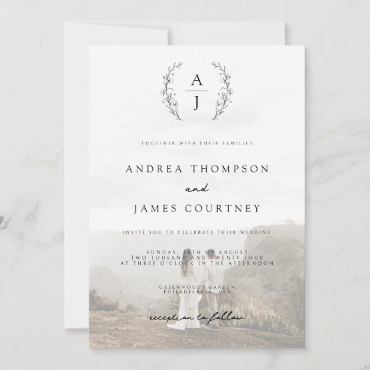 Invitation Monogramme Crest noir blanc photo superposition Ma (Devant)