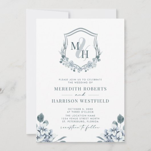 Invitation Monogramme Crest QR Code Dusty Blue Floral Mariage (Devant)