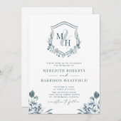 Invitation Monogramme Crest QR Code Dusty Blue Floral Mariage (Devant / Derrière)