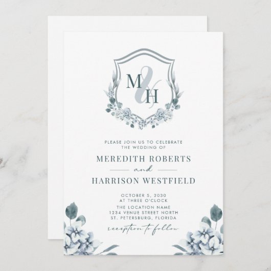 Invitation Monogramme Crest QR Code Dusty Blue Floral Mariage (Devant / Derrière)