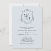 Invitation Monogramme Crest QR Code RSVP Dusty Mariage bleu (Devant)