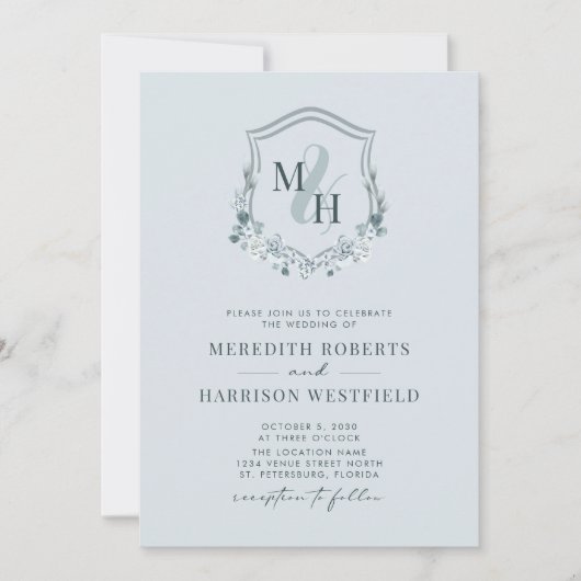 Invitation Monogramme Crest QR Code RSVP Dusty Mariage bleu (Devant)