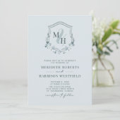 Invitation Monogramme Crest QR Code RSVP Dusty Mariage bleu (Debout devant)