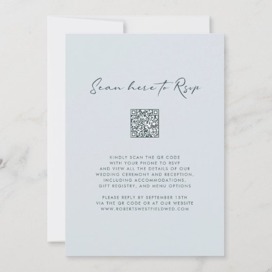 Invitation Monogramme Crest QR Code RSVP Dusty Mariage bleu (Dos)