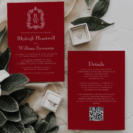 Invitation Monogramme Crête Rouge Canneberge Code QR Mariage
