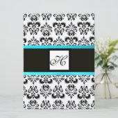 Invitation MONOGRAMME DAMAS, noir et blanc, bleu turquoise (Debout devant)