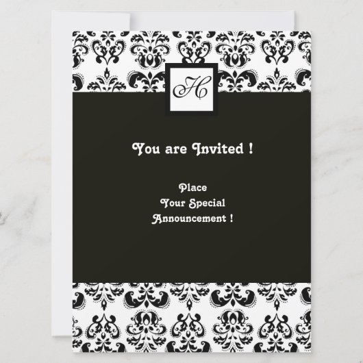 Invitation MONOGRAMME DAMAS, noir et blanc, bleu turquoise (Dos)