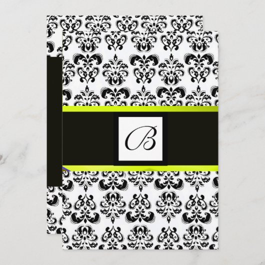 Invitation MONOGRAMME DAMAS, noir et blanc, jaune (Devant / Derrière)