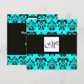 Invitation MONOGRAMME DAMAS, noir et blanc, turquoise bleu (Devant / Derrière)