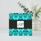 Invitation MONOGRAMME DAMAS, noir et blanc, turquoise bleu (Debout devant)