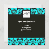 Invitation MONOGRAMME DAMAS, noir et blanc, turquoise bleu (Dos)