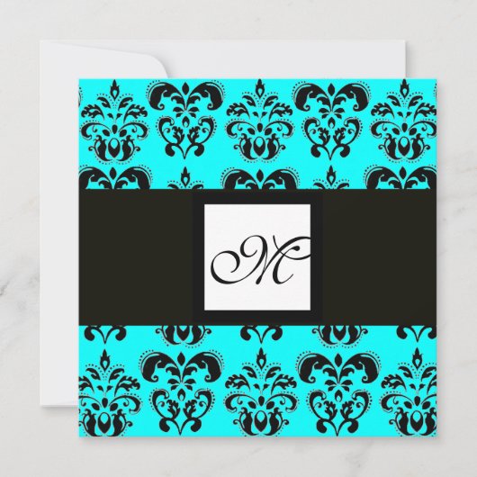 Invitation MONOGRAMME DAMAS, noir et blanc, turquoise bleu (Devant)