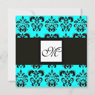 Invitation MONOGRAMME DAMAS, noir et blanc, turquoise bleu