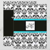 Invitation MONOGRAMME DAMAS, noir et blanc, turquoise bleu (Devant / Derrière)