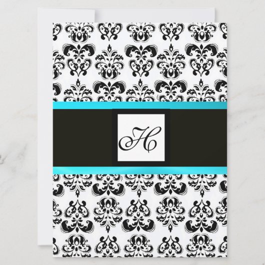 Invitation MONOGRAMME DAMAS, noir et blanc, turquoise bleu (Devant)