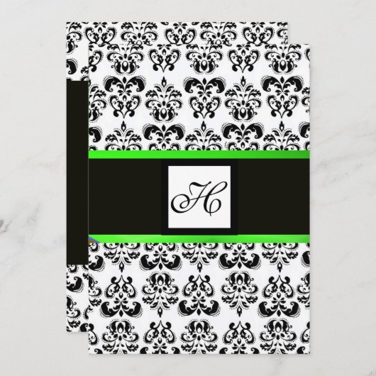 Invitation MONOGRAMME DAMAS, noir et blanc, vert émeraude (Devant / Derrière)
