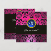 Invitation MONOGRAMME DAMAS NOIR FUCHSIA ROSE, saphir bleu (Devant / Derrière)