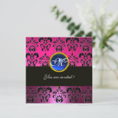 Invitation MONOGRAMME DAMAS NOIR FUCHSIA ROSE, saphir bleu (Debout devant)