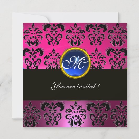 Invitation MONOGRAMME DAMAS NOIR FUCHSIA ROSE, saphir bleu (Devant)