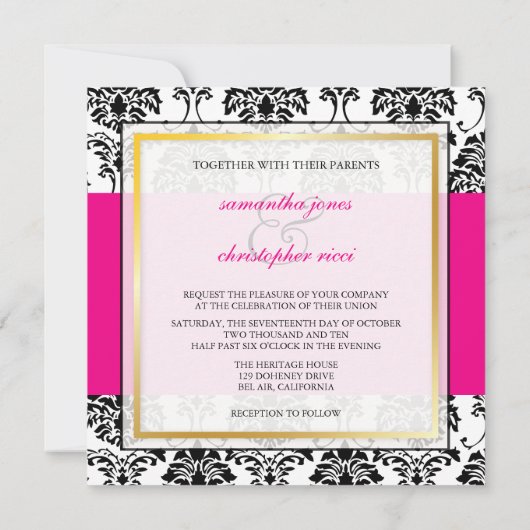 Invitation Monogramme/Damas noirs/Invitations de mariage rose (Dos)