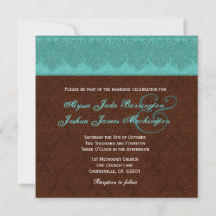 Invitation Monogramme Damas Turquoise et chocolat Mariage V15