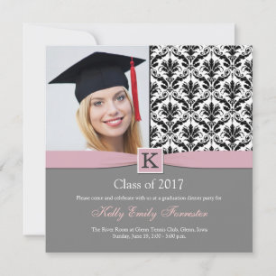 Invitation Monogramme Damask black white Graduation Party