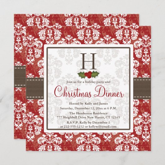 Invitation Monogramme Damask Holly Berry Dîner de Noël Invit (Devant / Derrière)