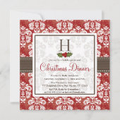 Invitation Monogramme Damask Holly Berry Dîner de Noël Invit (Devant)