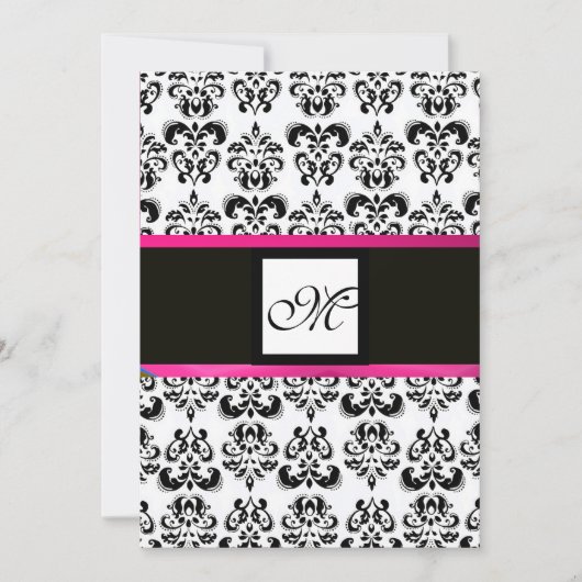 Invitation MONOGRAMME DAMASK, noir blanc, rose fuchsia violet (Devant)