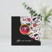 Invitation MONOGRAMME DAMASSÉ NOIR ET BLANC,rouge rubis, (Debout devant)