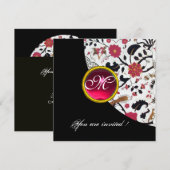 Invitation MONOGRAMME DAMASSÉ NOIR ET BLANC, rubis rouge, (Devant / Derrière)