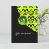 Invitation MONOGRAMME DAMASSÉ NOIR ET JAUNE, vert émeraude (Debout devant)