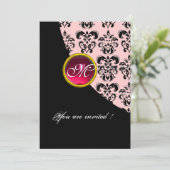 Invitation MONOGRAMME DAMASSÉ NOIR ET ROSE, rubis rouge (Debout devant)