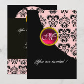 Invitation MONOGRAMME DAMASSÉ NOIR ET ROSE, rubis rouge (Devant / Derrière)