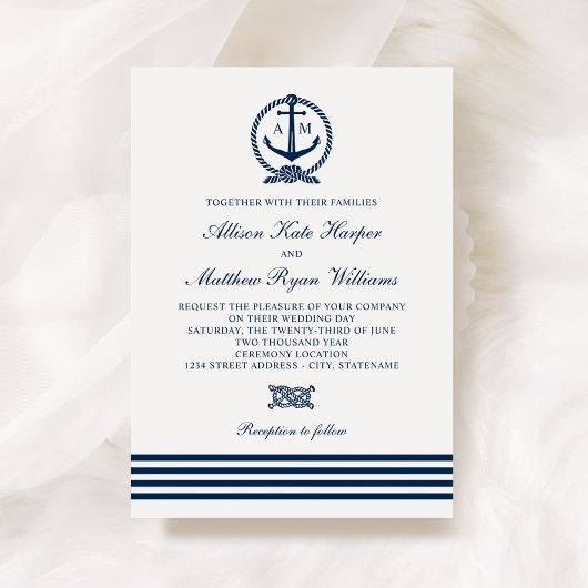 Invitation Monogramme d'ancre marine et rayures de mariage Na
