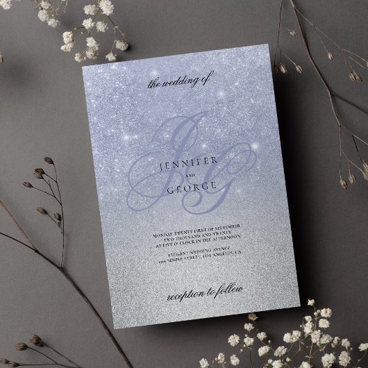 Invitation Monogramme d'argent bleu initial ombre parties sci