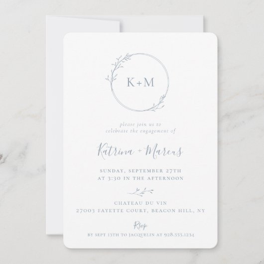 Invitation Monogramme d'art Dusty Blue Engagement Party (Devant)