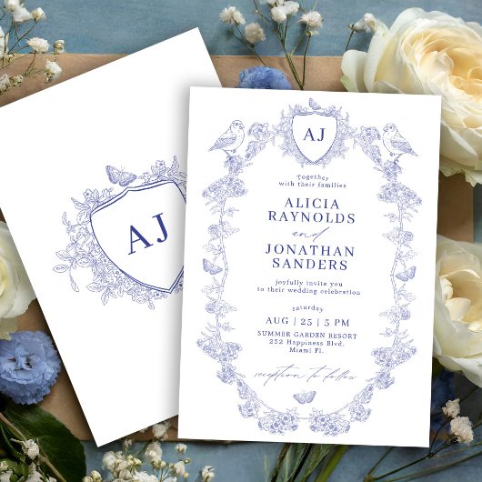 Invitation Monogramme de blason classique bleu toile de Jouy