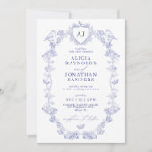 Invitation Monogramme de blason classique bleu toile de Jouy (Devant)