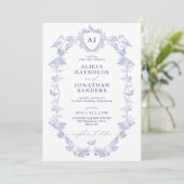 Invitation Monogramme de blason classique bleu toile de Jouy (Debout devant)