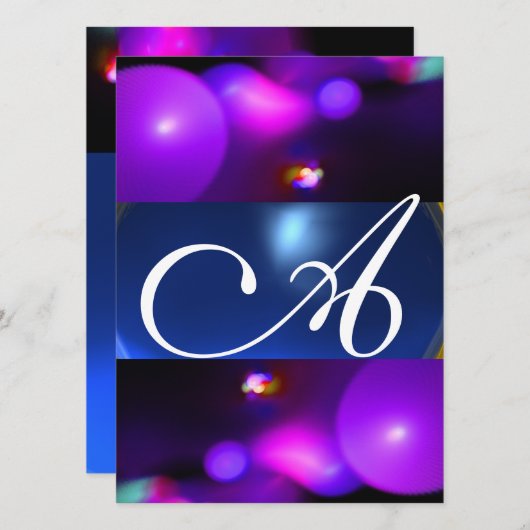 Invitation MONOGRAMME DE BULLE QUANTUME bleu violet (Devant / Derrière)