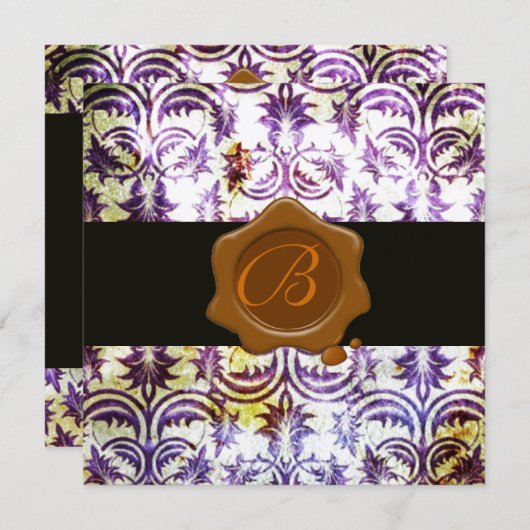 Invitation MONOGRAMME DE CIRE À CACHETER EN DAMAS ANCIEN, vio (Devant / Derrière)