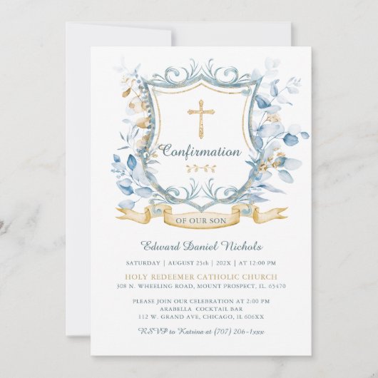 Invitation Monogramme de confirmation modifiable bleu et or (Devant)