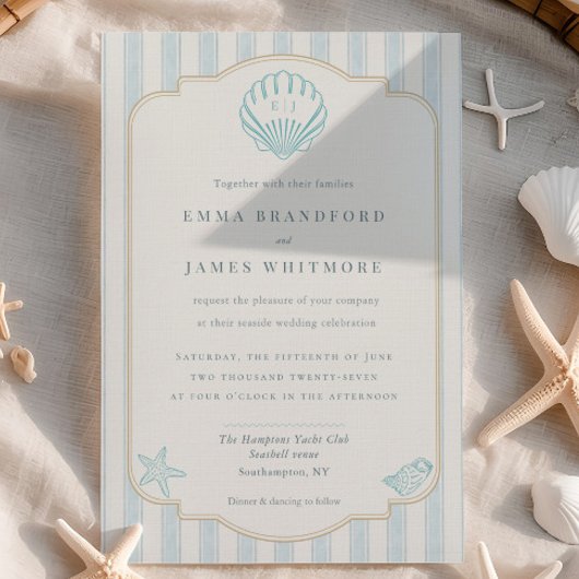 Invitation Monogramme de coquillages de mer et rayures nautiq