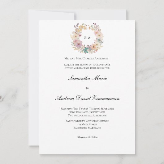 Invitation Monogramme de couronne florale Mariage traditionne (Devant)