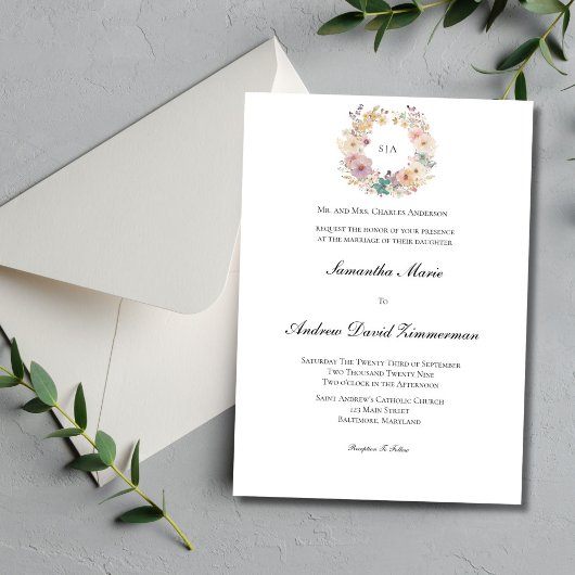 Invitation Monogramme de couronne florale Mariage traditionne